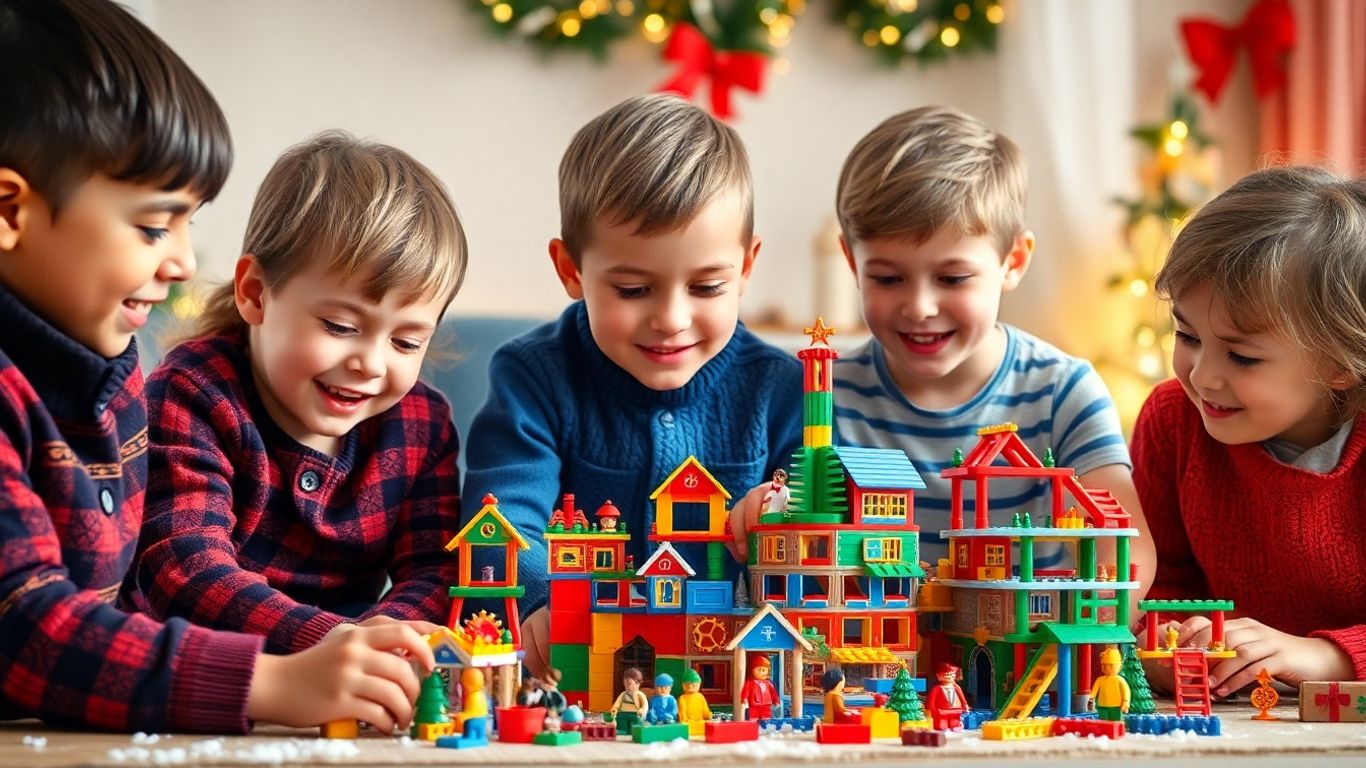 Children building Christmas structures with blocks.