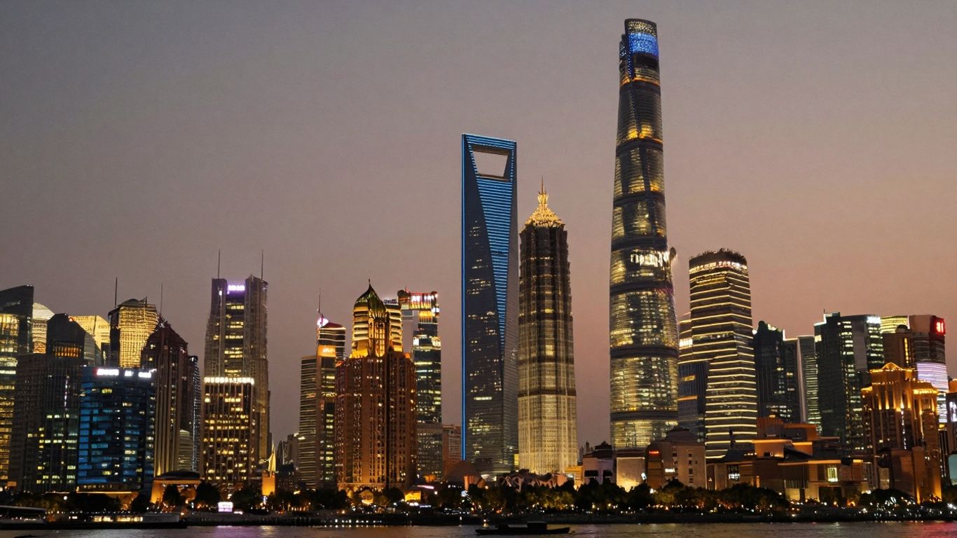 Shanghai financial district skyline at dusk with harbor
