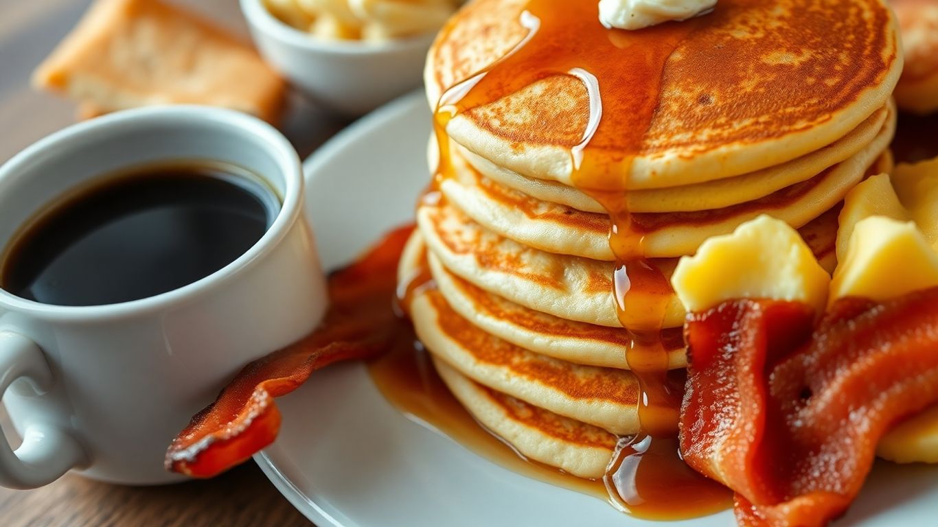 Denny's classic American breakfast spread with pancakes, bacon, and eggs.