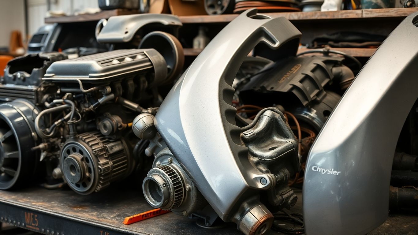Recycled Chrysler car parts arranged on a workbench.