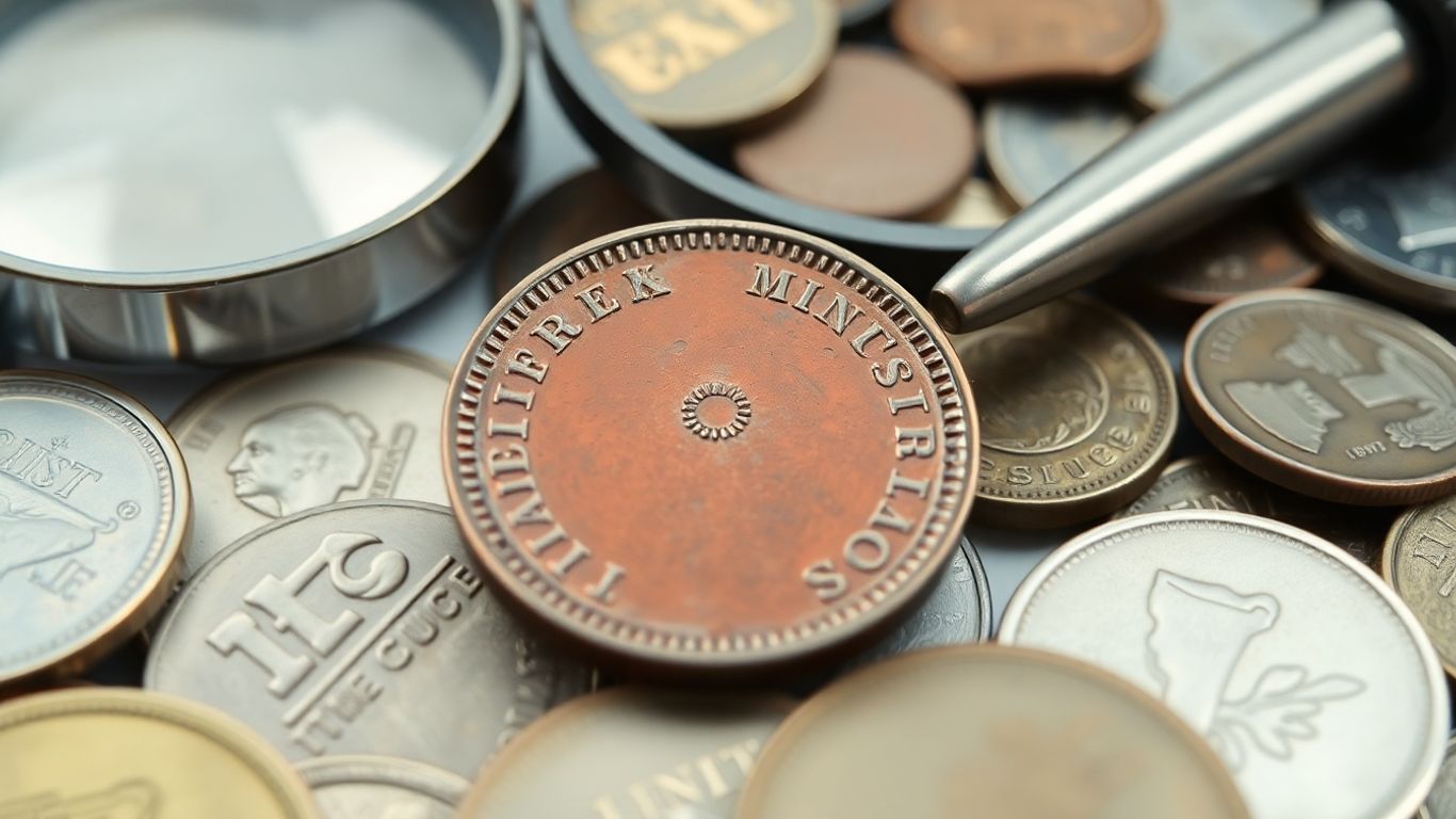 Coin mintmark detail with magnifying glass and coins.
