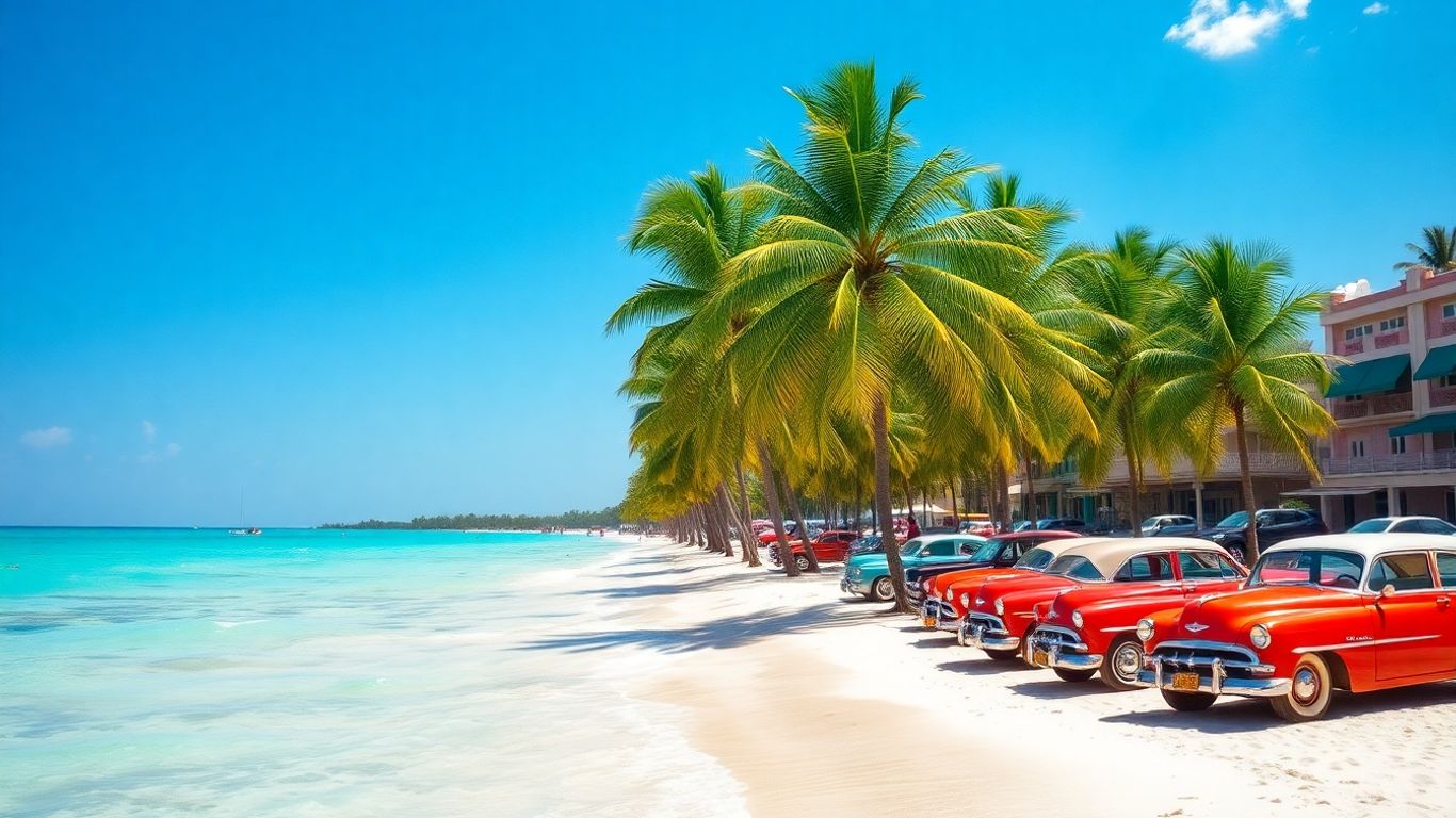 Cuban beach with palm trees and classic cars