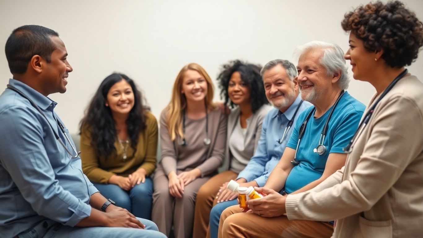 Grupo diverso em clínica recebendo cuidados para hipotireoidismo