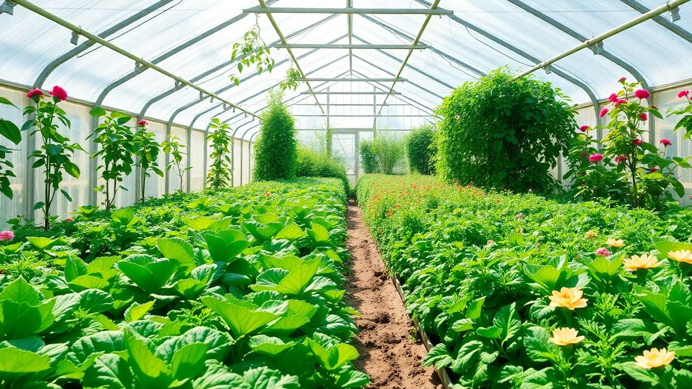 Interiorul unei sere pline cu plante verzi.