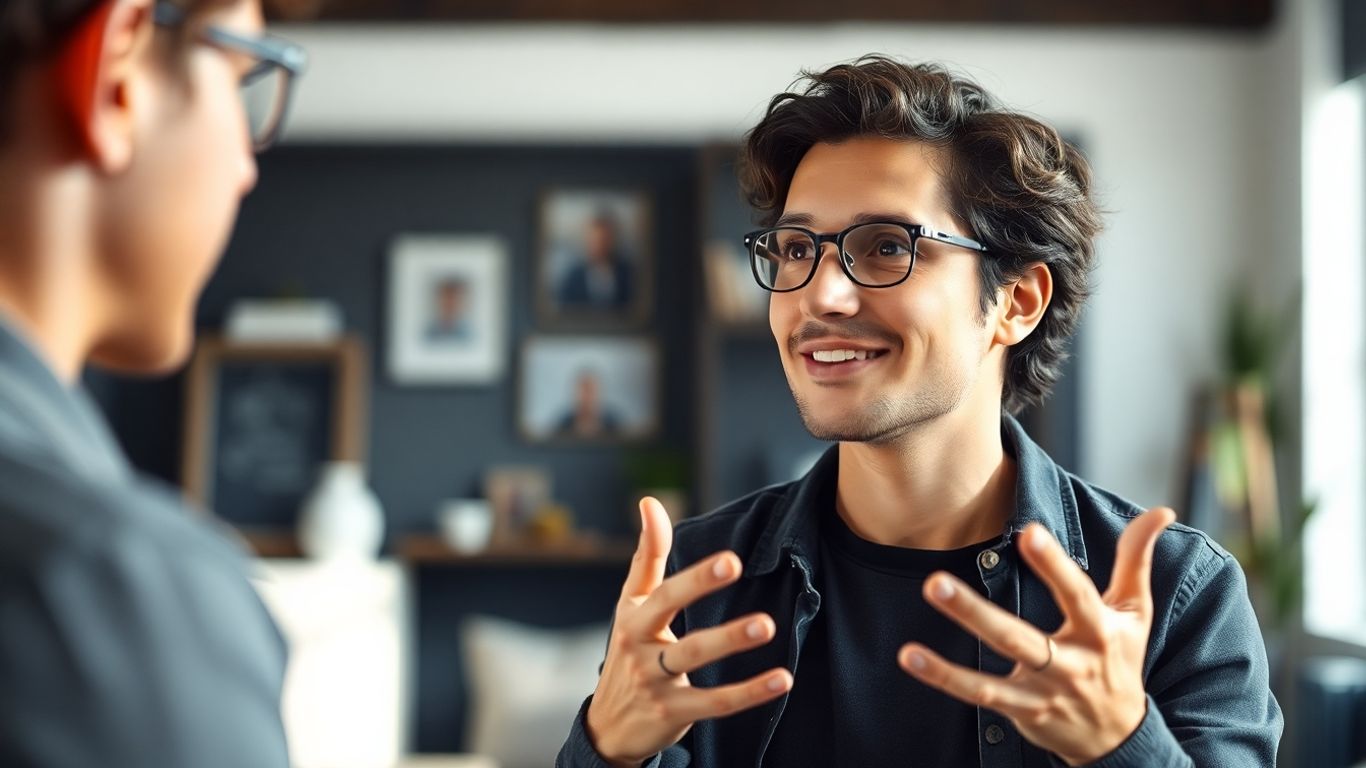 Person speaking confidently in a modern setting.