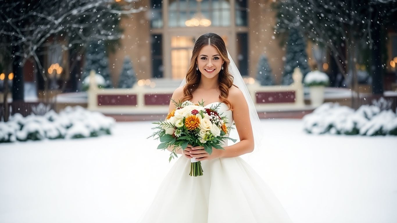 Bride in snowy Dallas, winter wedding ideas.