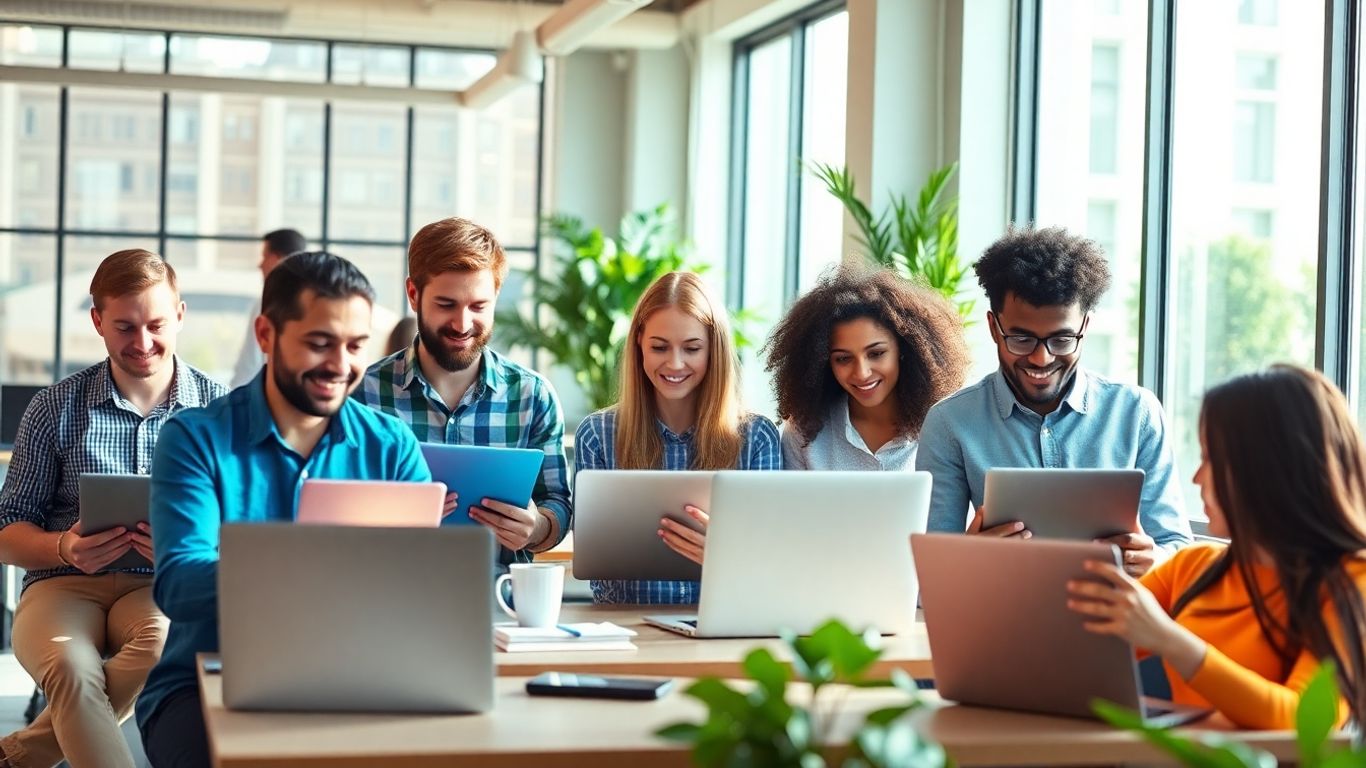 People learning digital marketing on laptops in a bright office.