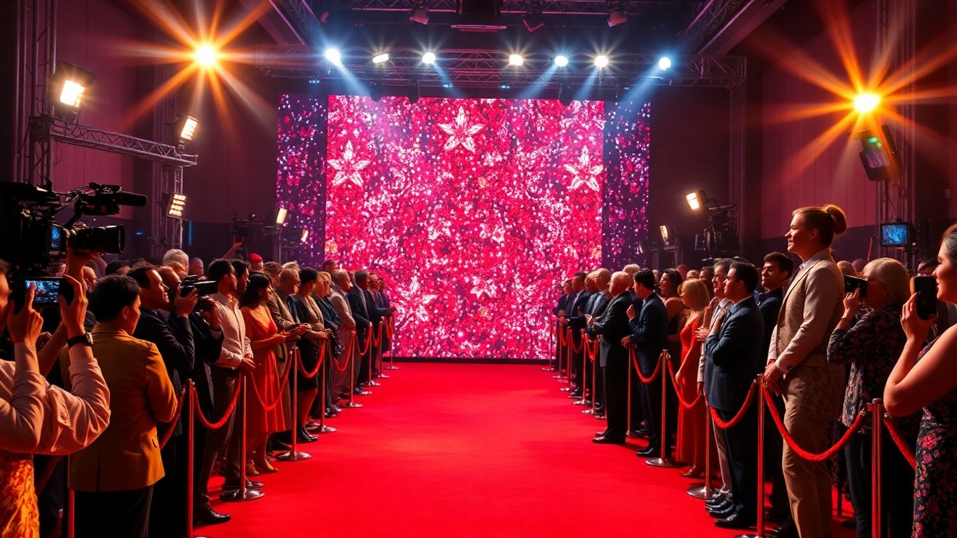 Gala și premiere: covor roșu, lumini, vedete, atmosferă festivă.