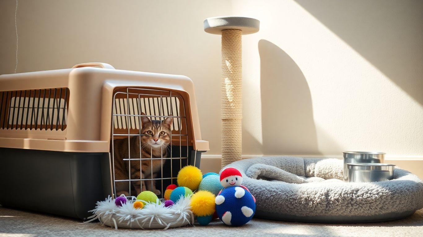 Cat carrier, bed, toys, scratching post, and bowls for a new cat.