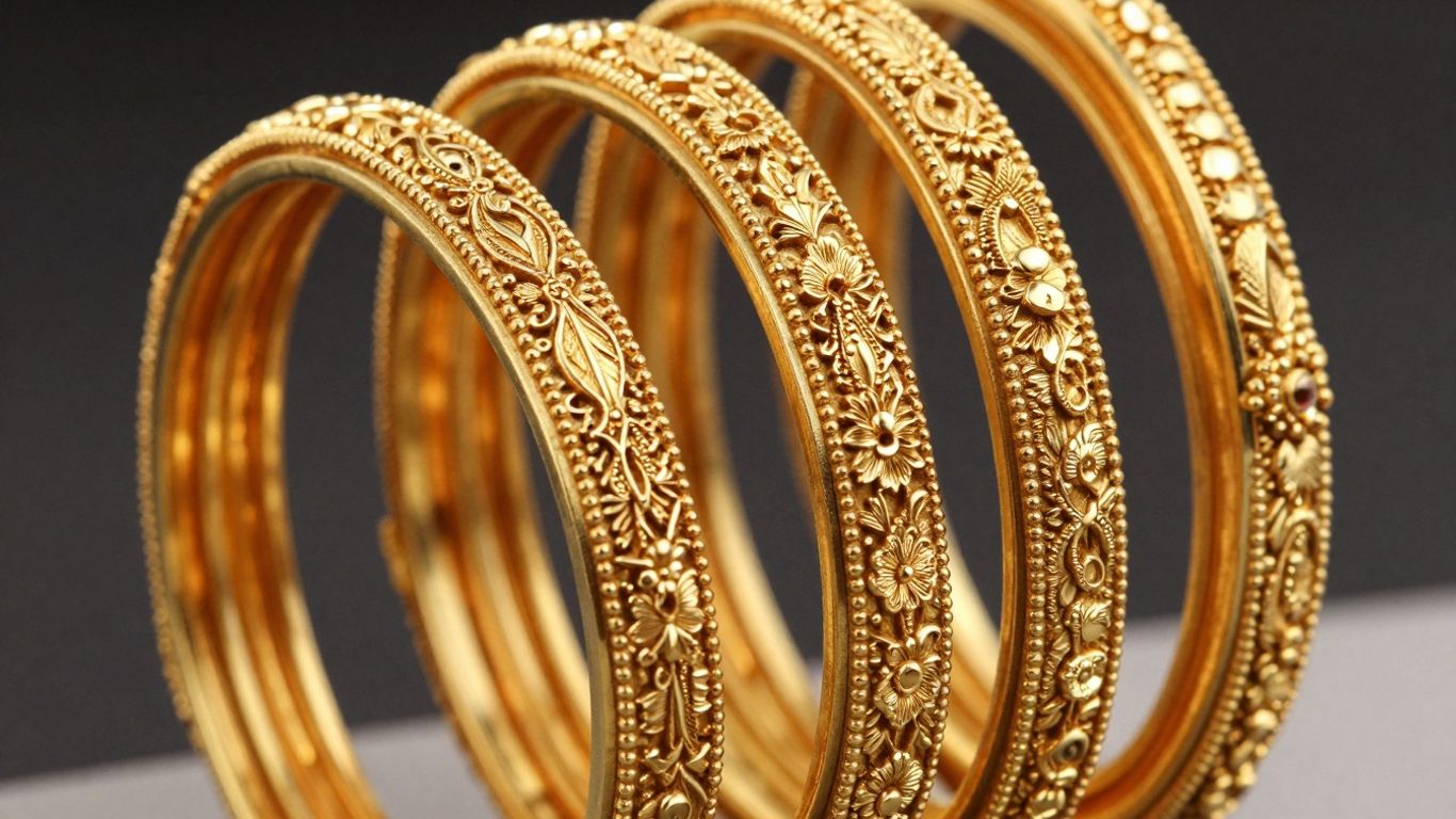 Intricate gold Nakshi bangles with detailed patterns.