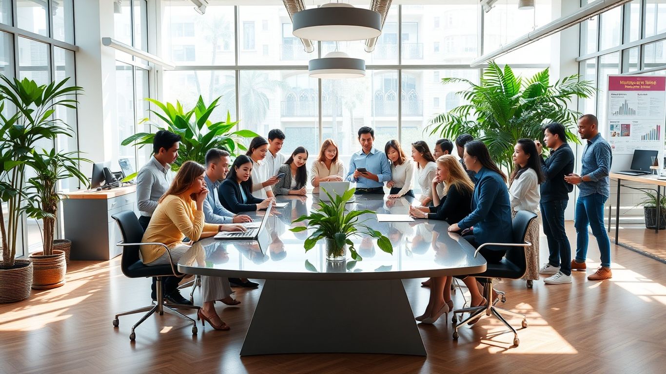 Marketing agency team collaborating in modern office