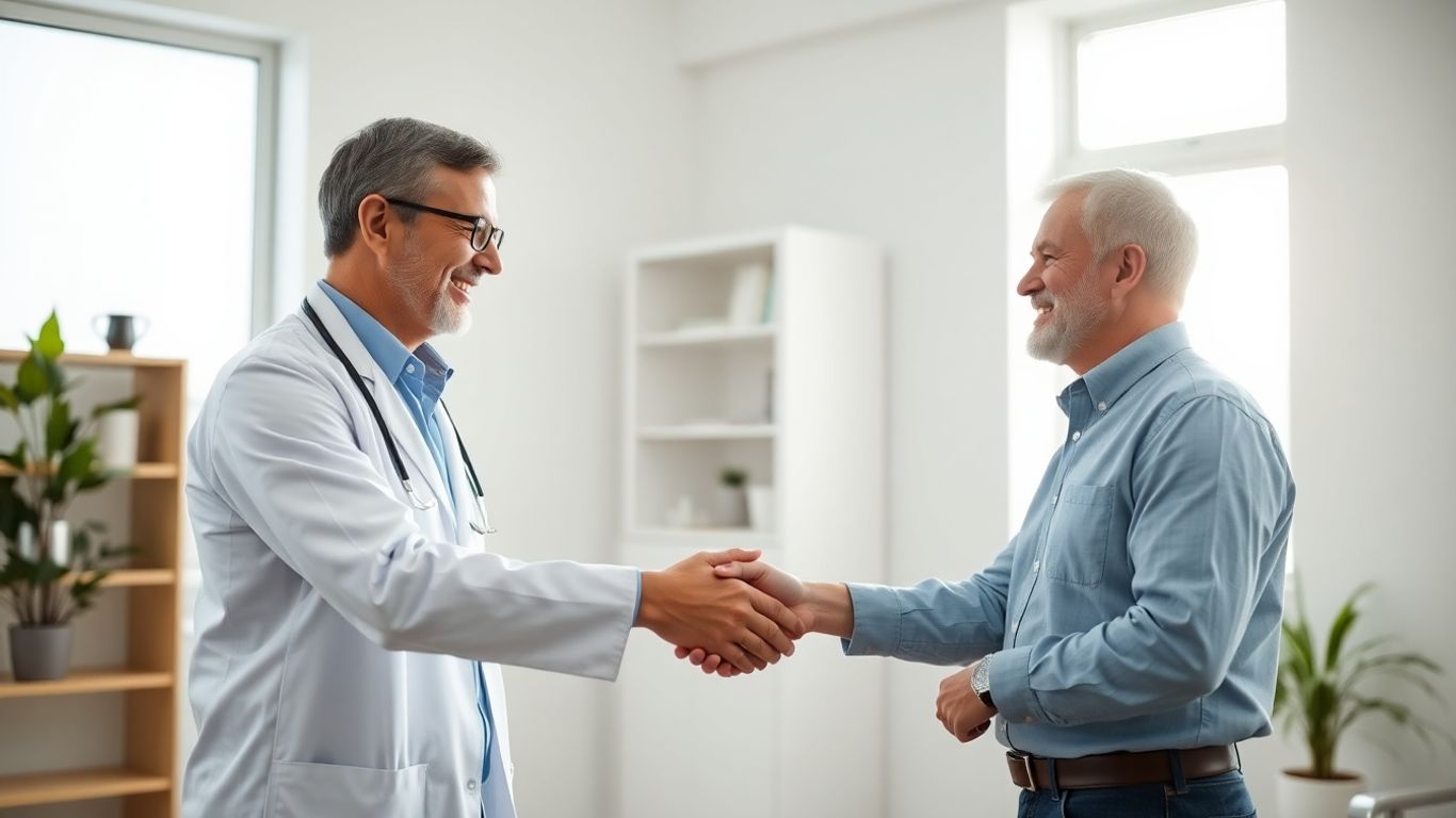 Doctor and patient handshake in a modern clinic.