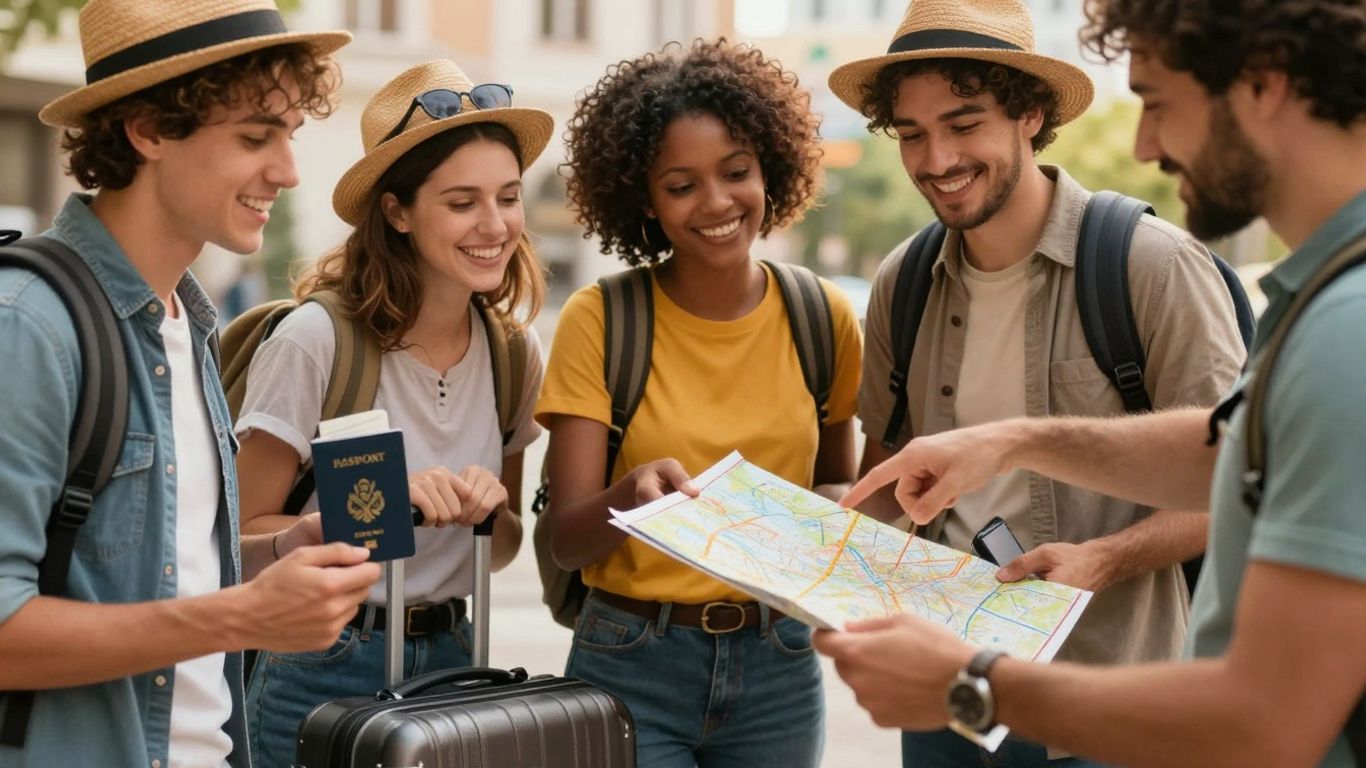 Travelers with passport, suitcase, and map.
