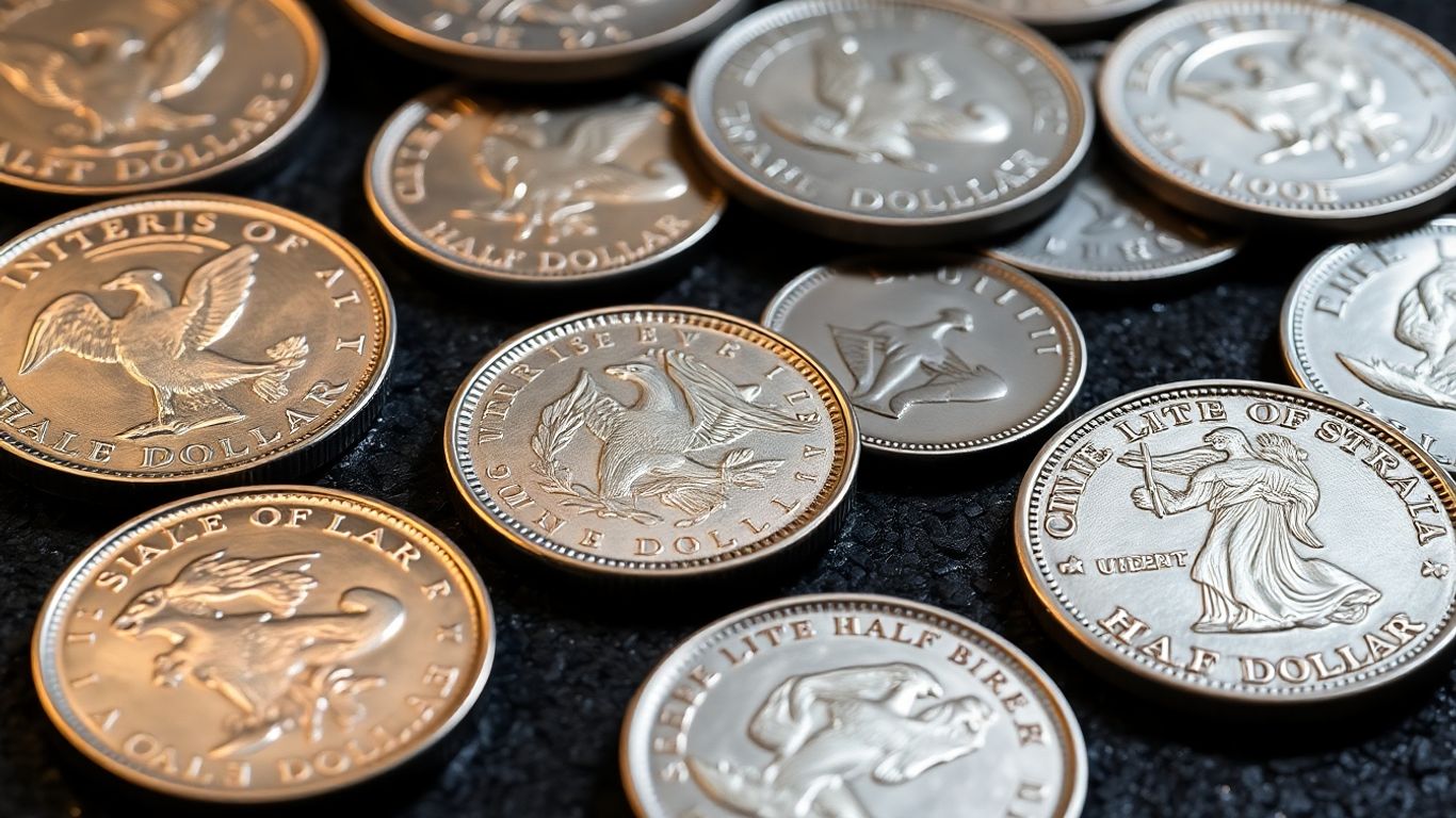 Collection of gleaming silver coins, including dollars and half dollars.