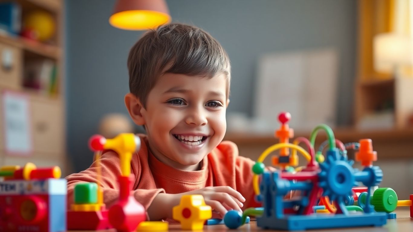 Child playing with colorful Christmas STEM toys, learning through play.