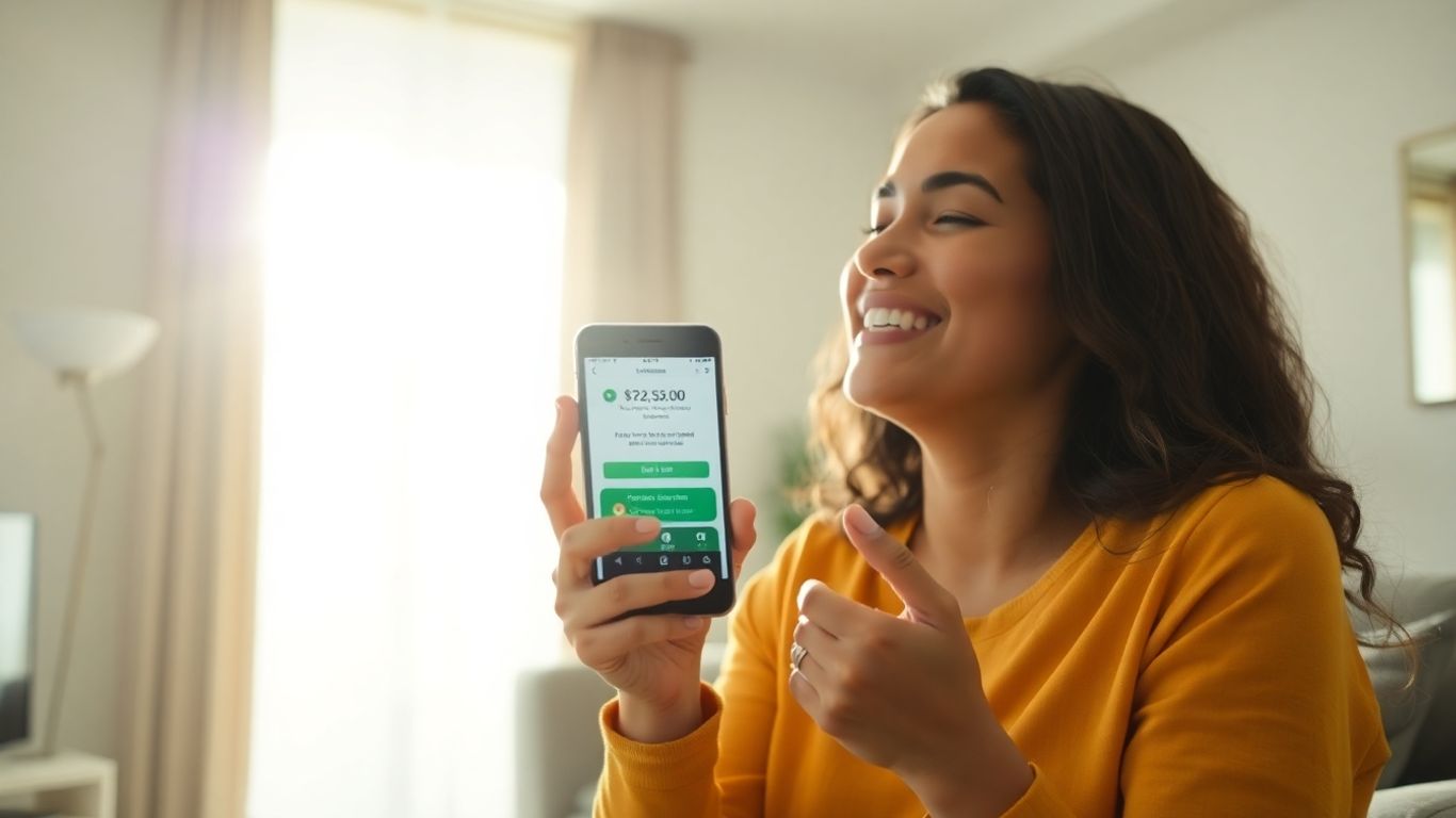 Pessoa feliz com celular mostrando aprovação de empréstimo.
