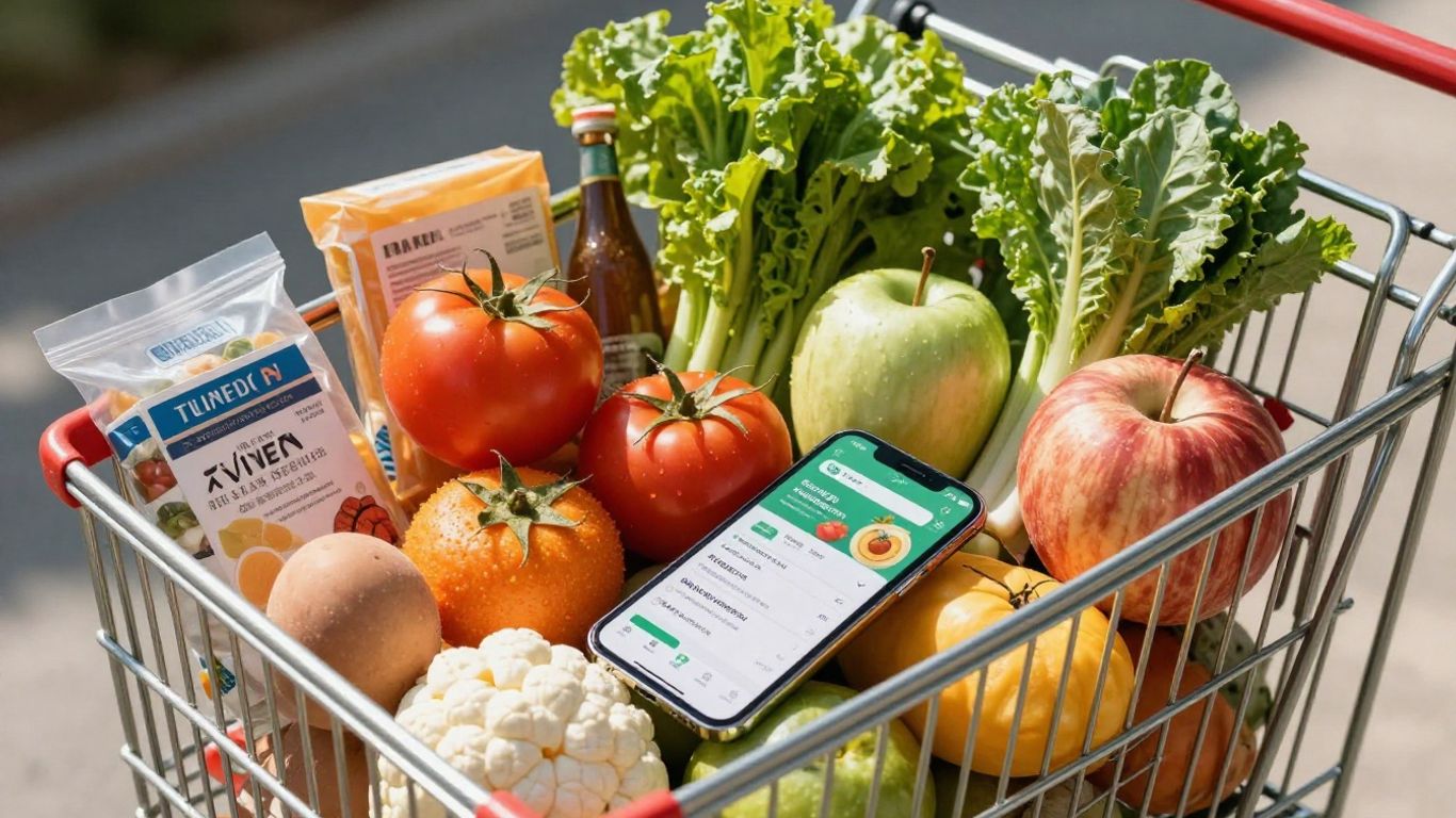 Caddie Delhaize avec smartphone affichant des offres