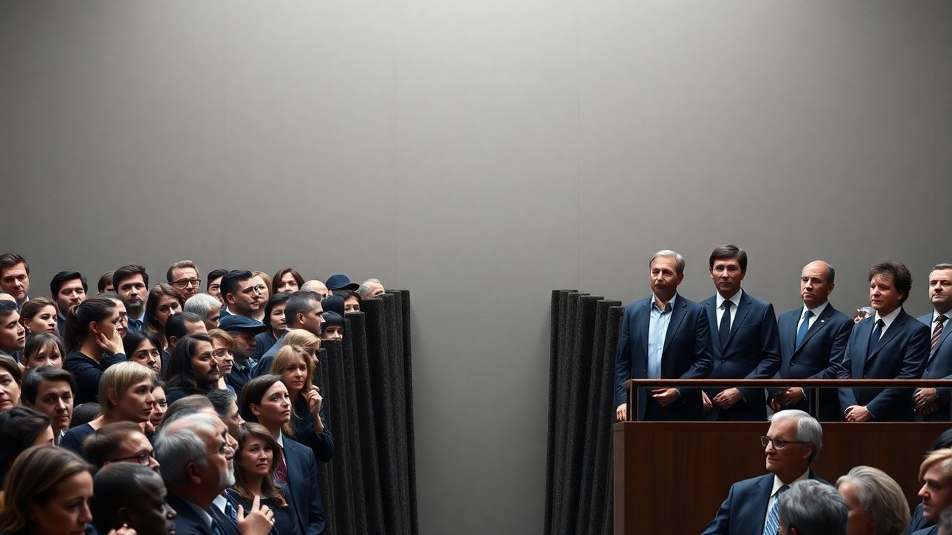 Cetățeni confuzi separați de politicieni pe o platformă.