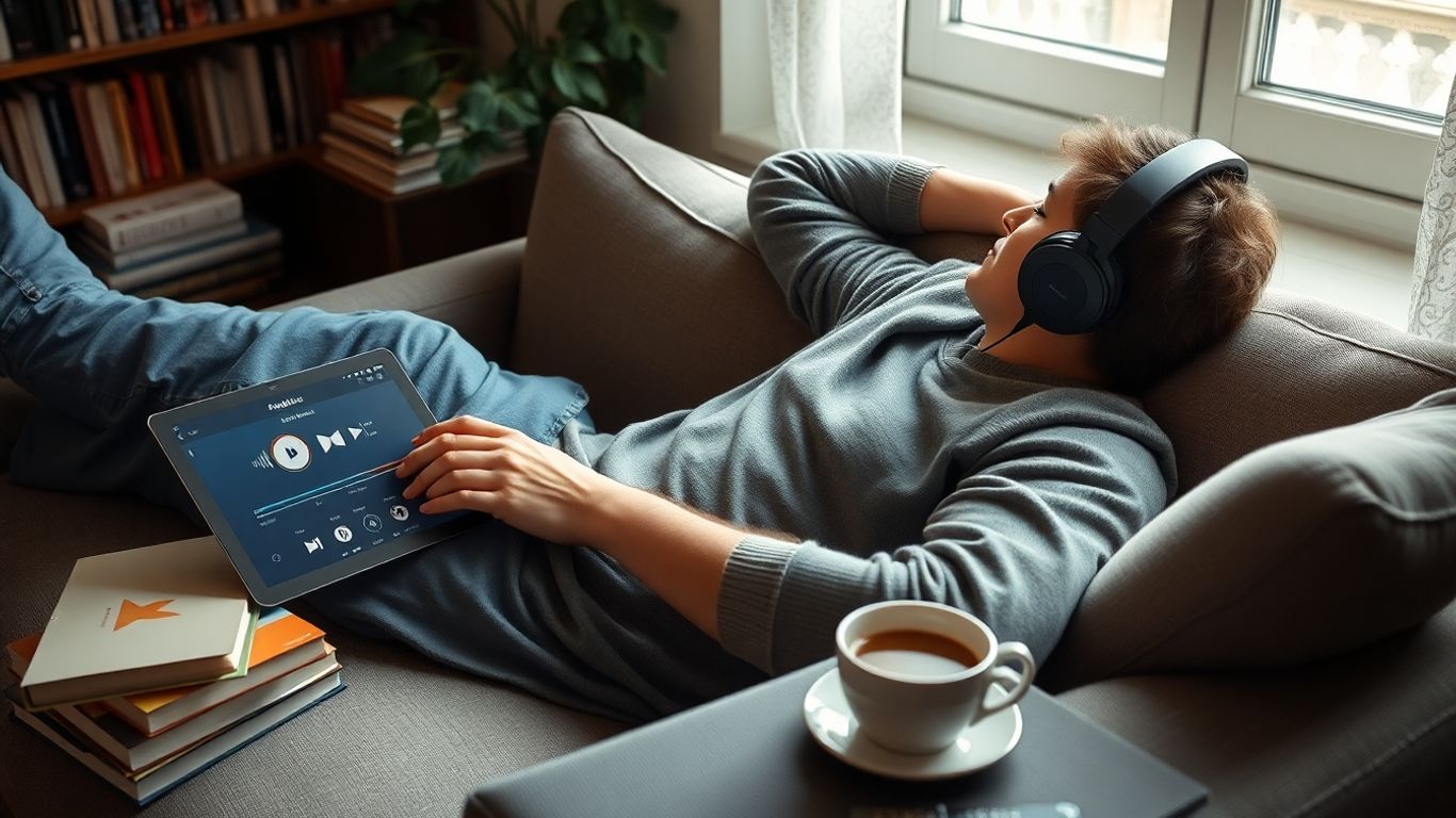 Persona escuchando audiolibro en sofá con libros alrededor