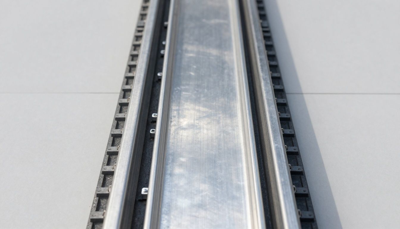 Common aluminium channel with installed basic grate in outdoor commercial area