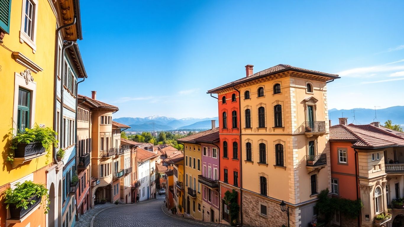 Colorful historic buildings in a Bulgarian city.