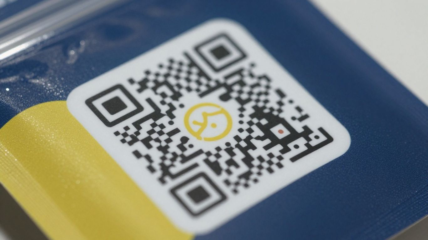 Product packaging with a scannable QR code.