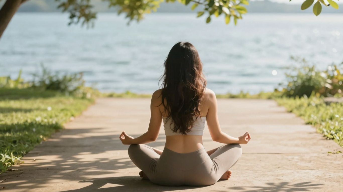 Person meditating outdoors, lush greenery, tranquil water, natural well-being.