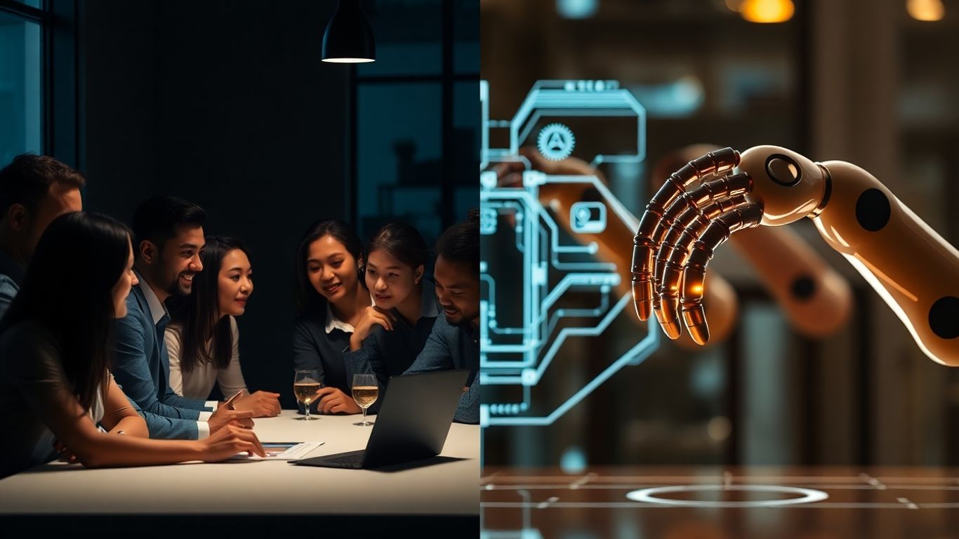 Humans and AI in a modern workplace setting.