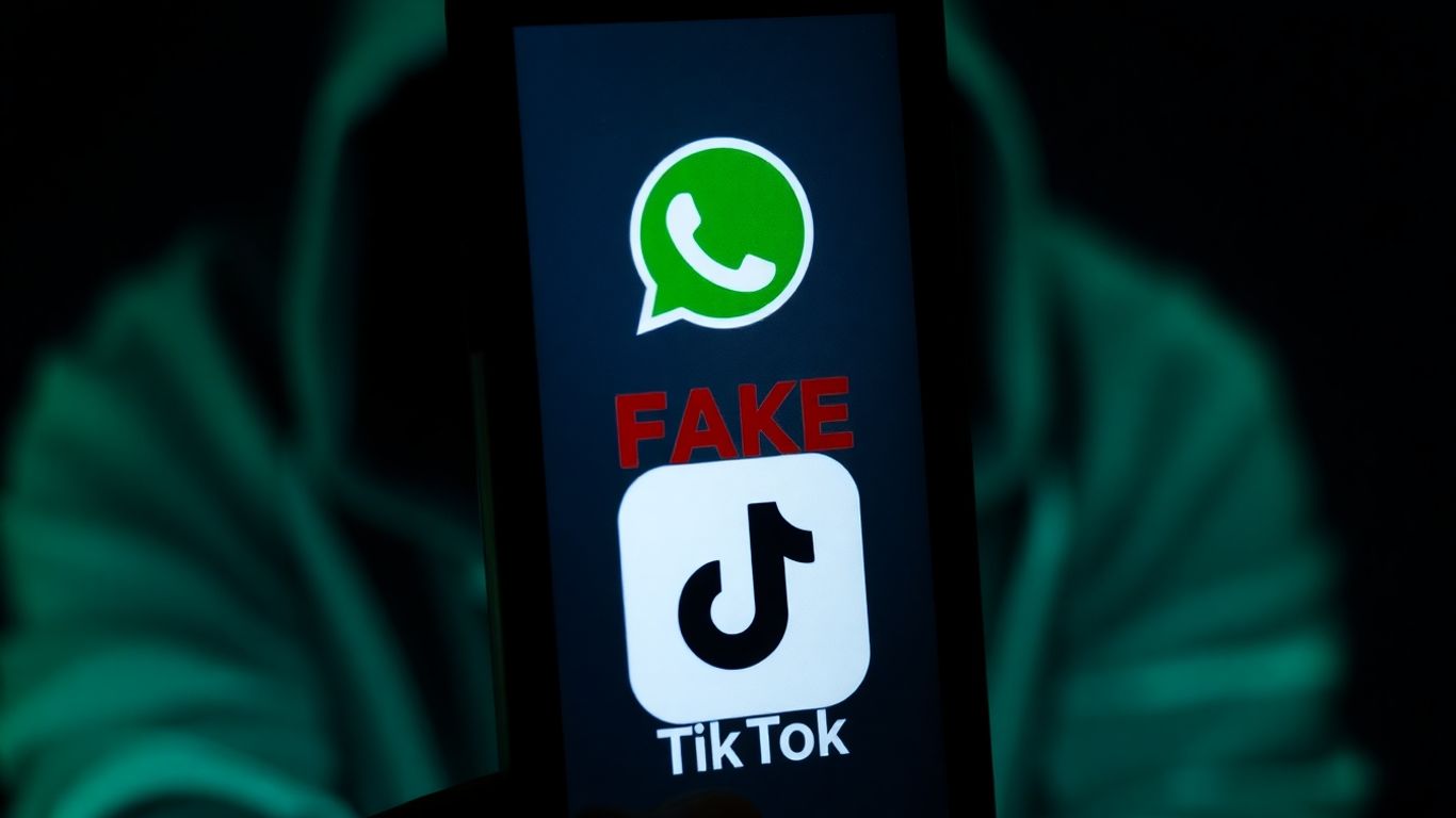 Smartphone with fake WhatsApp and TikTok icons, hacker background