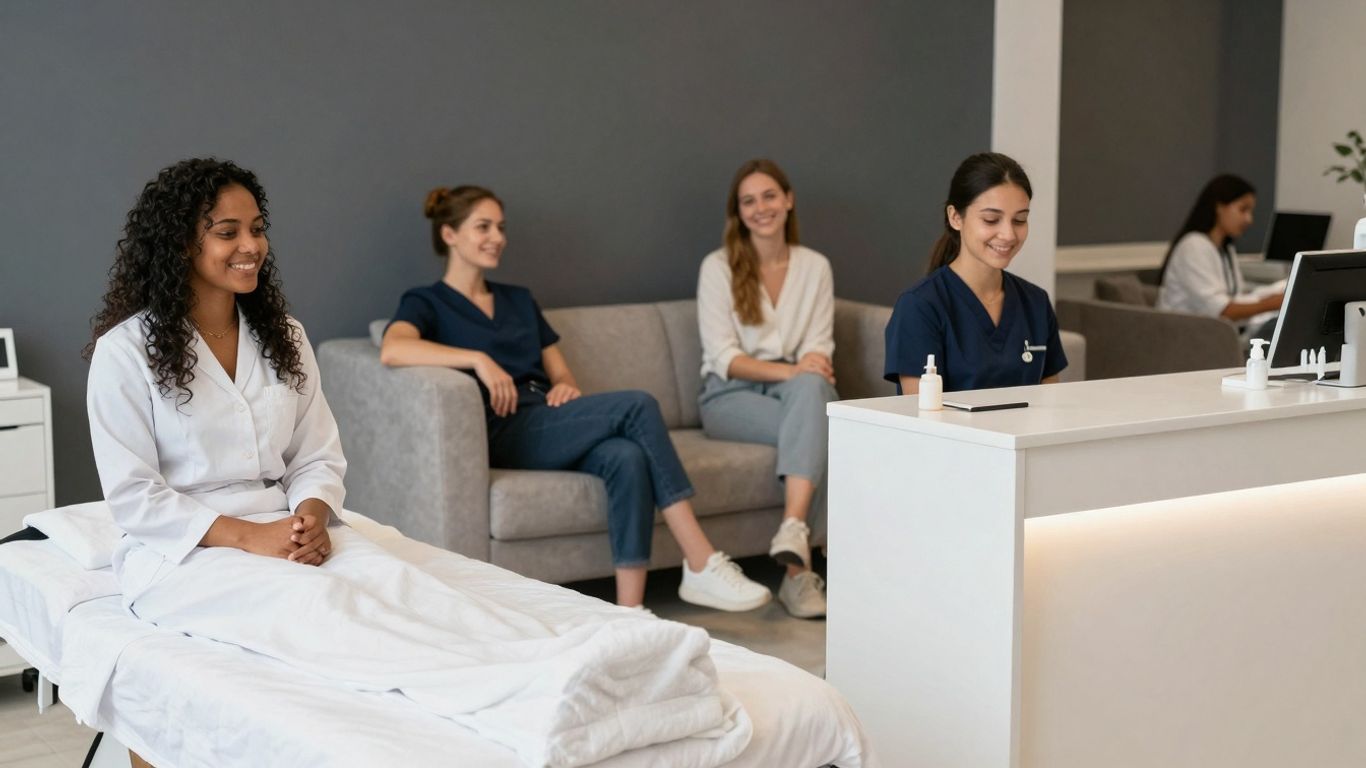 Modern medspa interior with happy clients and reception desk.