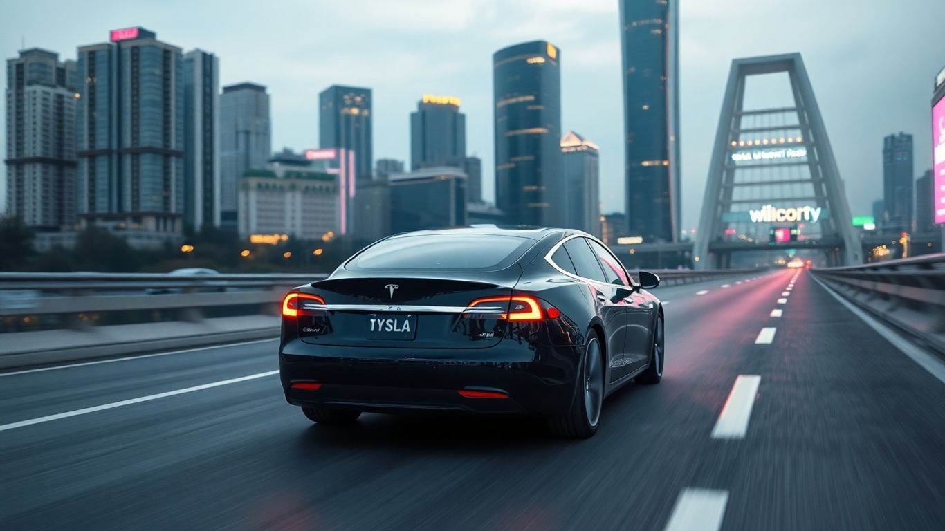 Tesla car driving on a highway in Seoul, South Korea.
