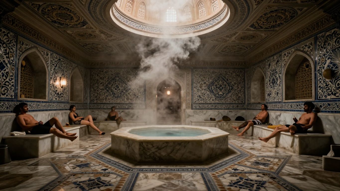 Tradycyjna turecka łaźnia parowa z bogatymi zdobieniami.