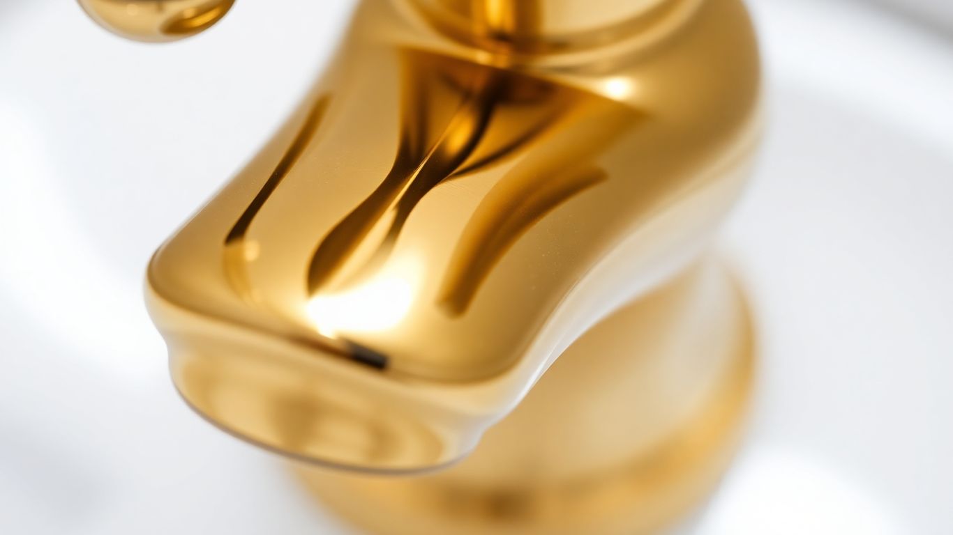 Polished brass bathroom tap with reflective surface.