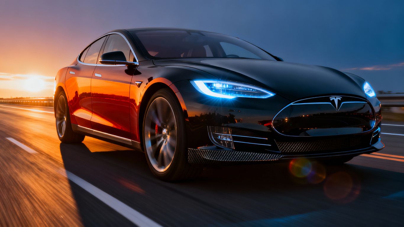 Tesla car driving on a highway at sunset.