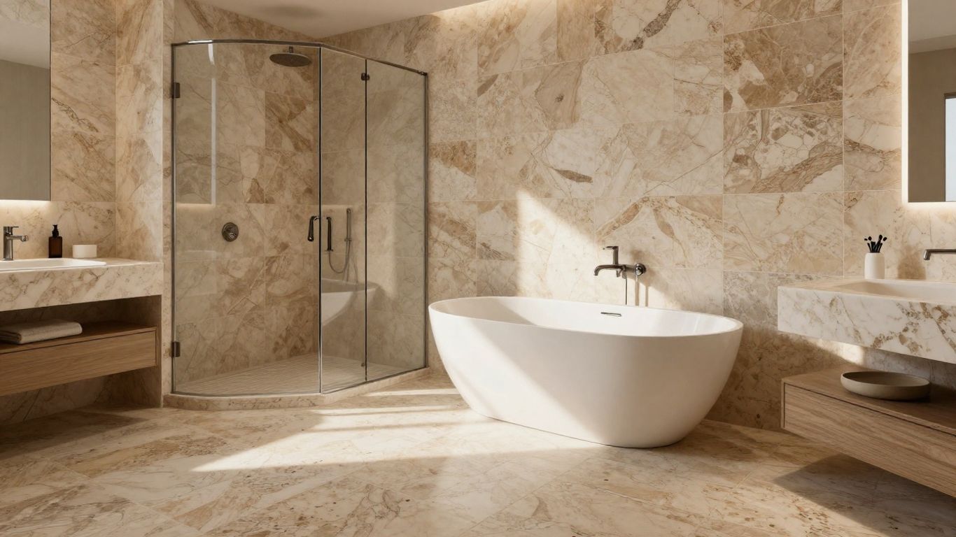 Luxurious bathroom with natural travertine tile flooring and shower.