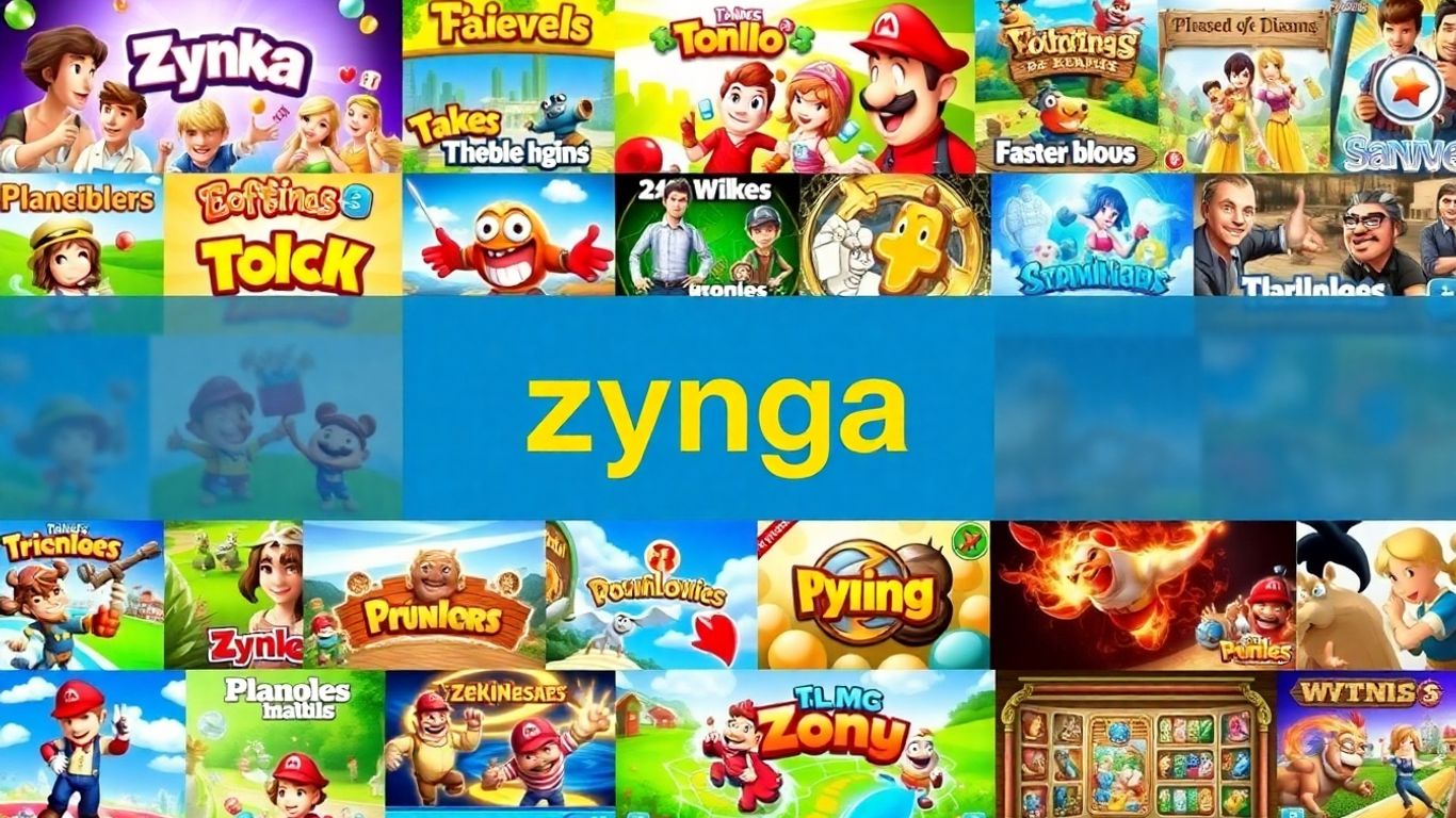 Collage of popular Zynga game interfaces and characters.