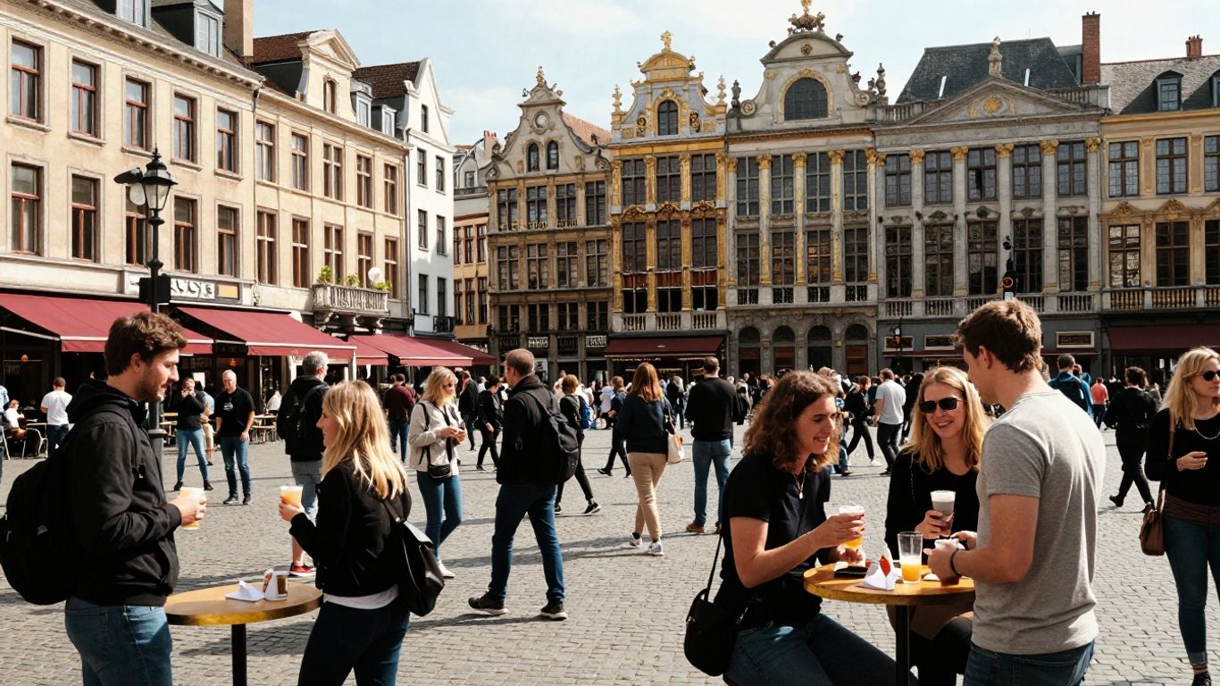 Mensen die socializen in een levendige straatscène in Brussel.