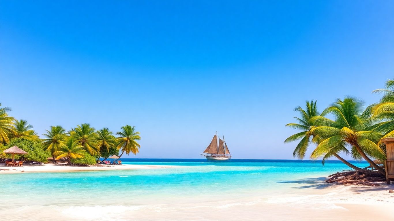 Rajskie plaże Zanzibaru z palmami i łodziami dhow.