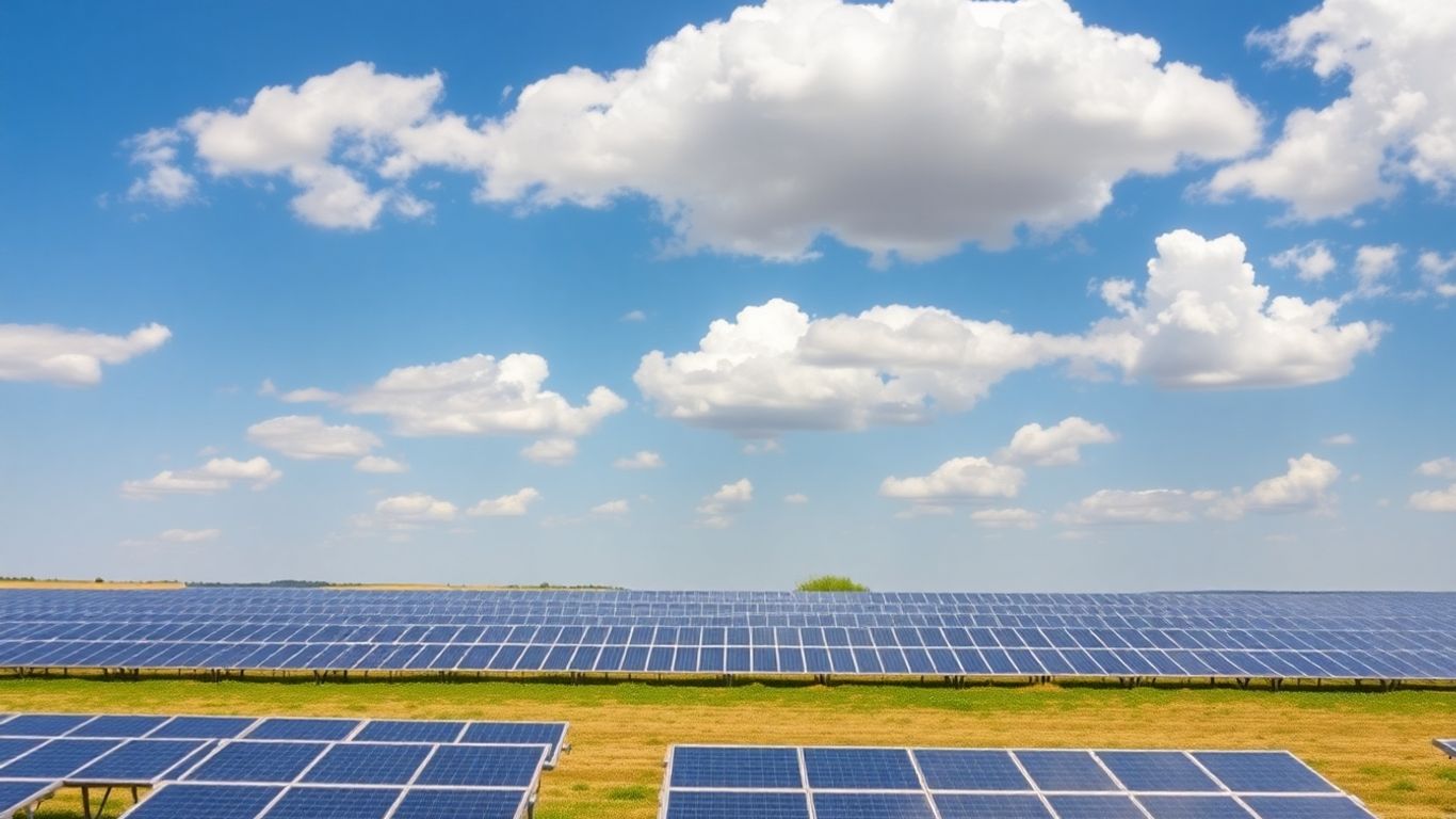 Solar panel field under a blue sky.