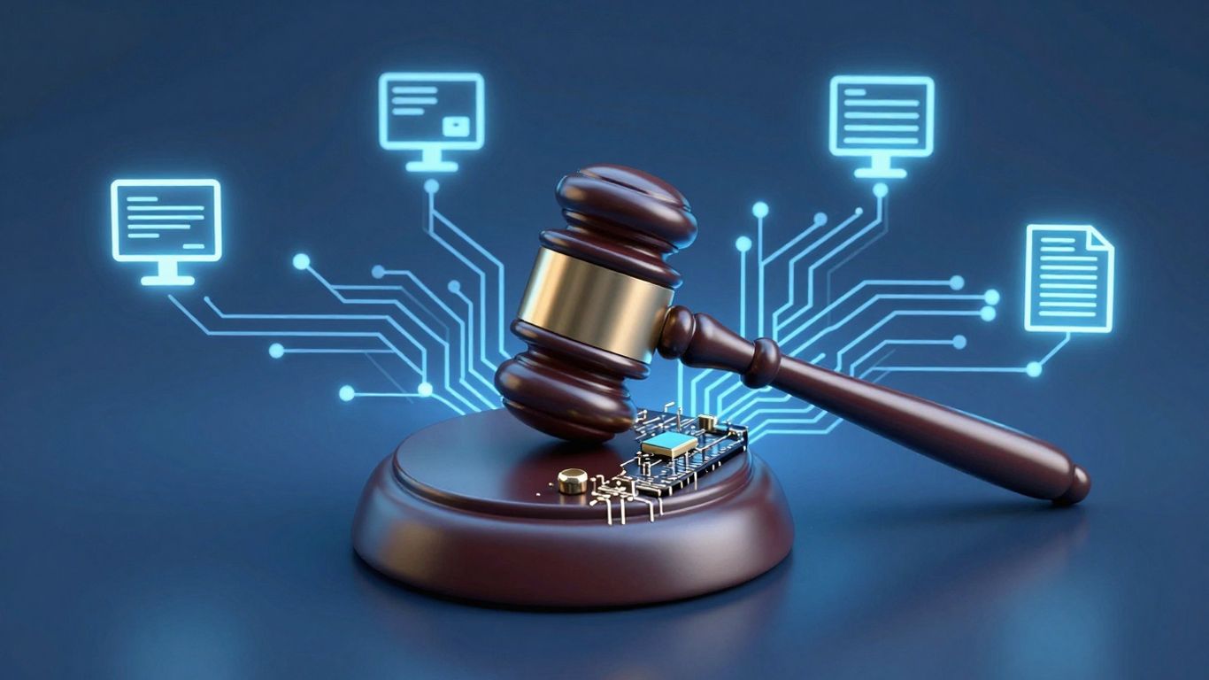 Law firm IT support infographic with gavel and circuit board.