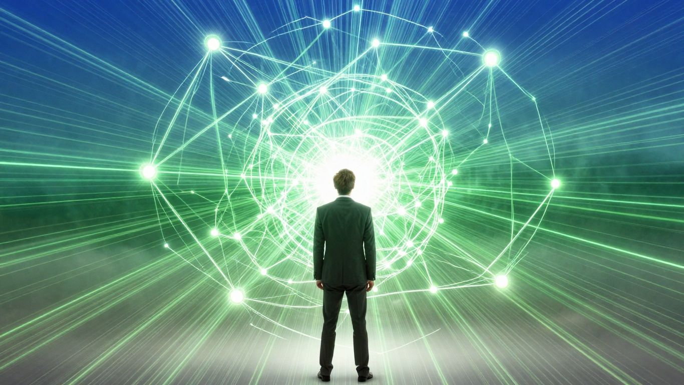 Abstract network infographic with glowing lines and nodes.