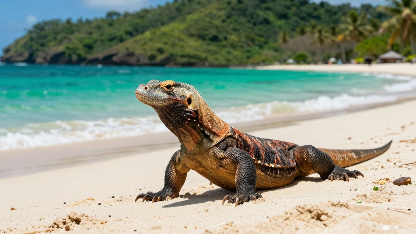 Komodo dragon on a beach with turquoise water.