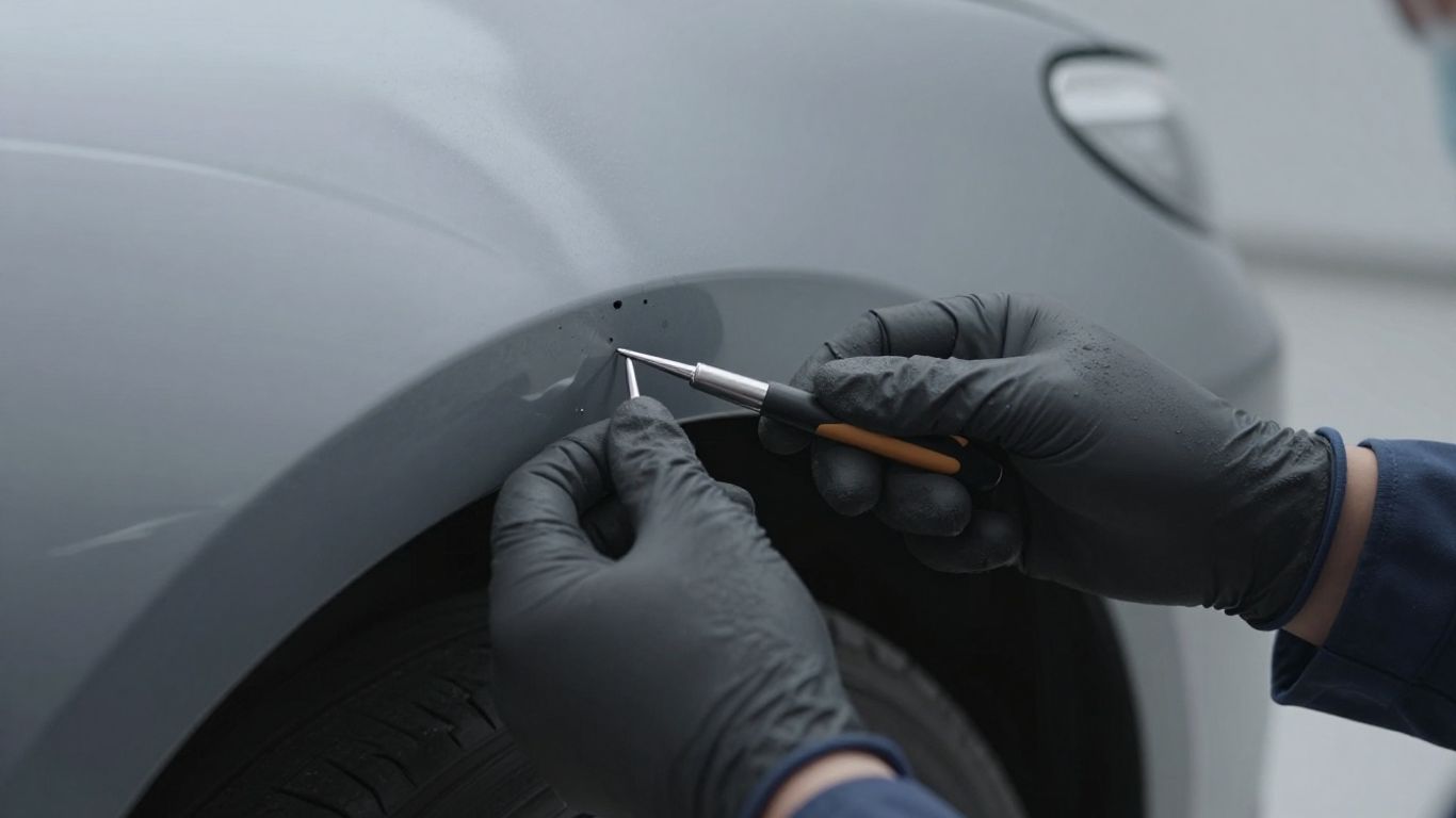 Gutachter prüft Auto nach Schaden mit Werkzeug.