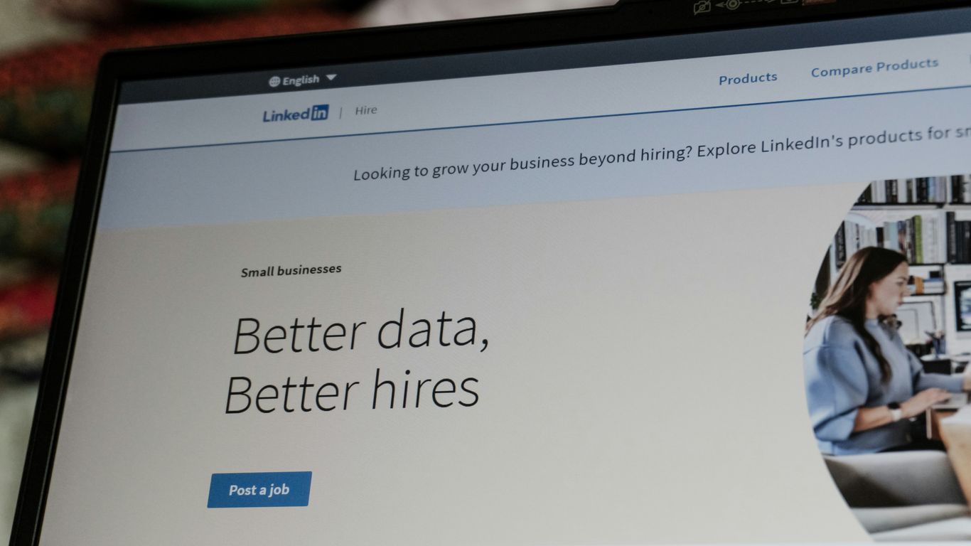 Linkedin website displaying 'better data, better hires' slogan.