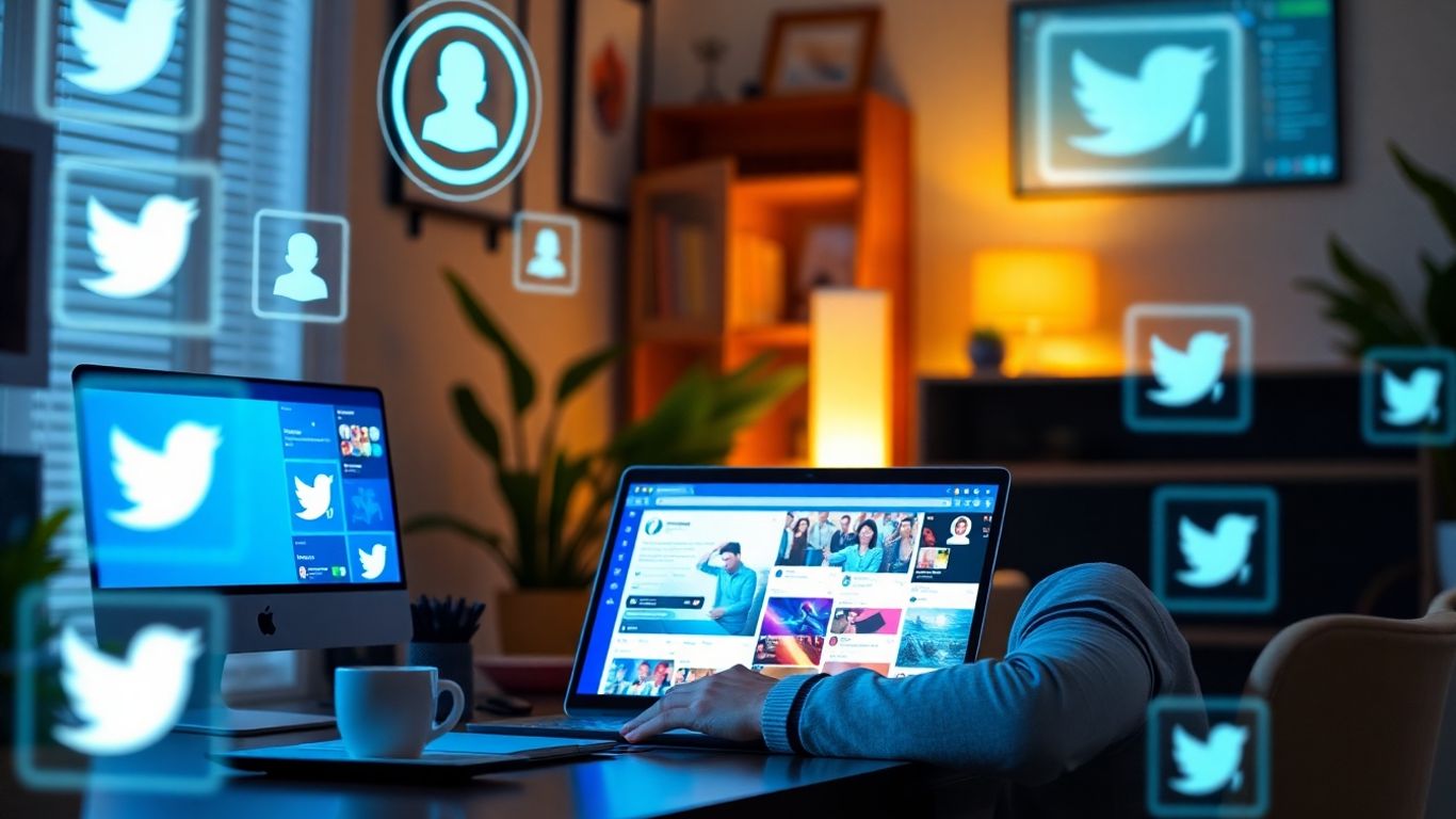 Home office with social media icons and laptop.
