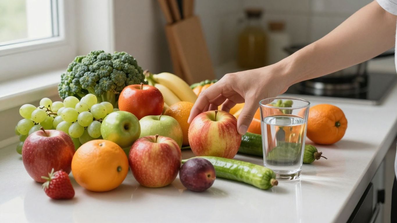 Fruits et légumes frais sur un comptoir de cuisine ensoleillé.