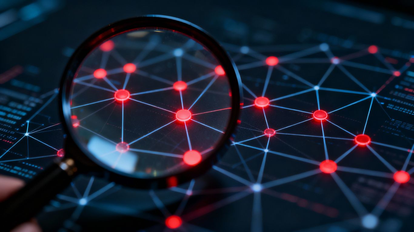 Magnifying glass over network diagram highlighting risks.