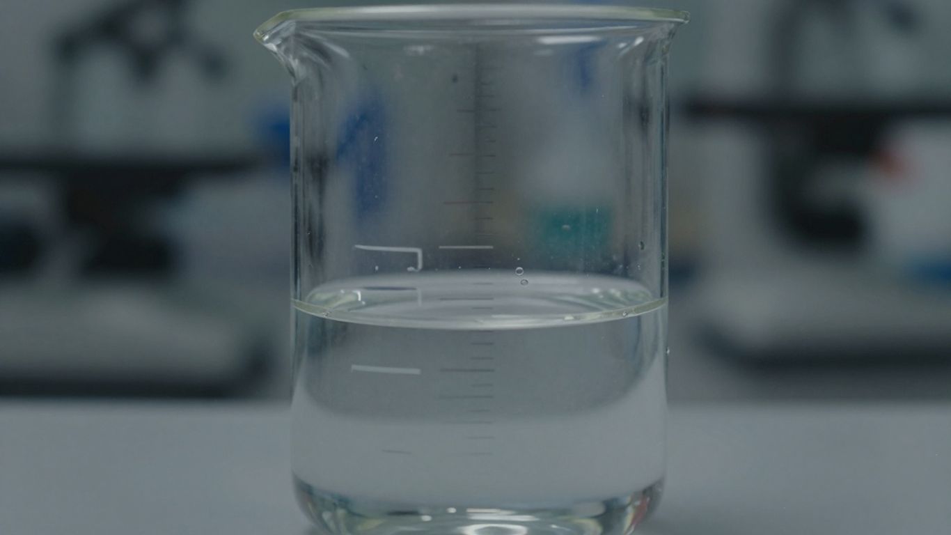 Laboratory beaker with clear liquid, scientific research.
