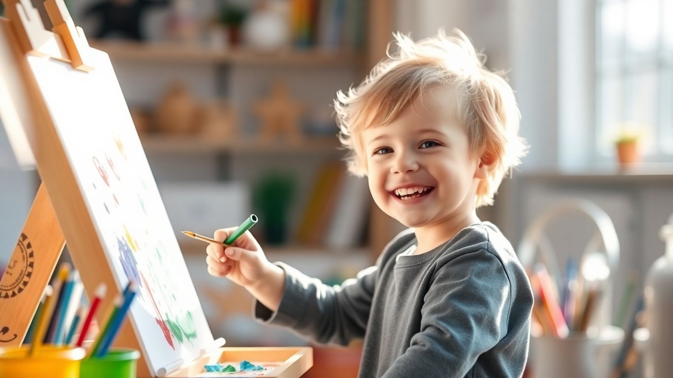 Preschooler happily painting, building confidence through creative play.