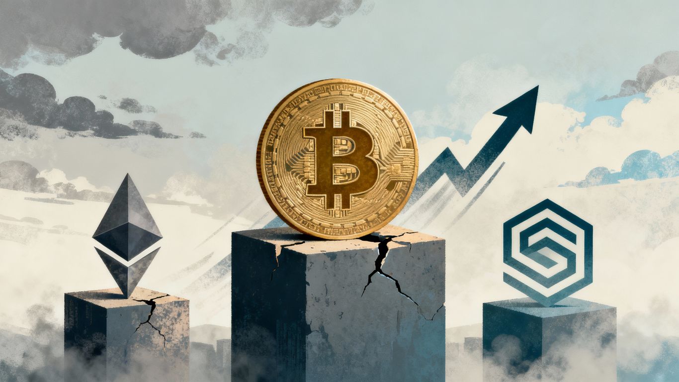 Crypto market with Bitcoin, Ethereum, and Solana, under cloudy skies.